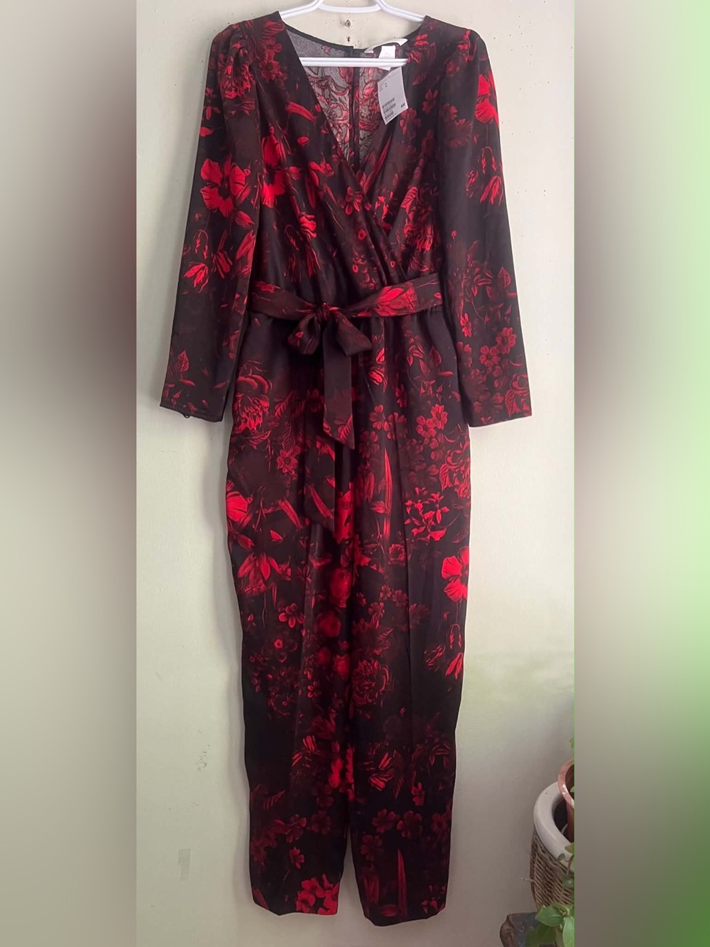 H&M Black Jumpsuit with Red Floral Print and Self-Tie Belt